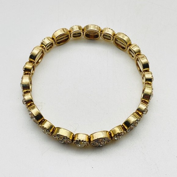 Rhinestone Encrusted Disc Stretch Bracelet Gold Tone Glam Bling Sparkle Holiday - Picture 2 of 6